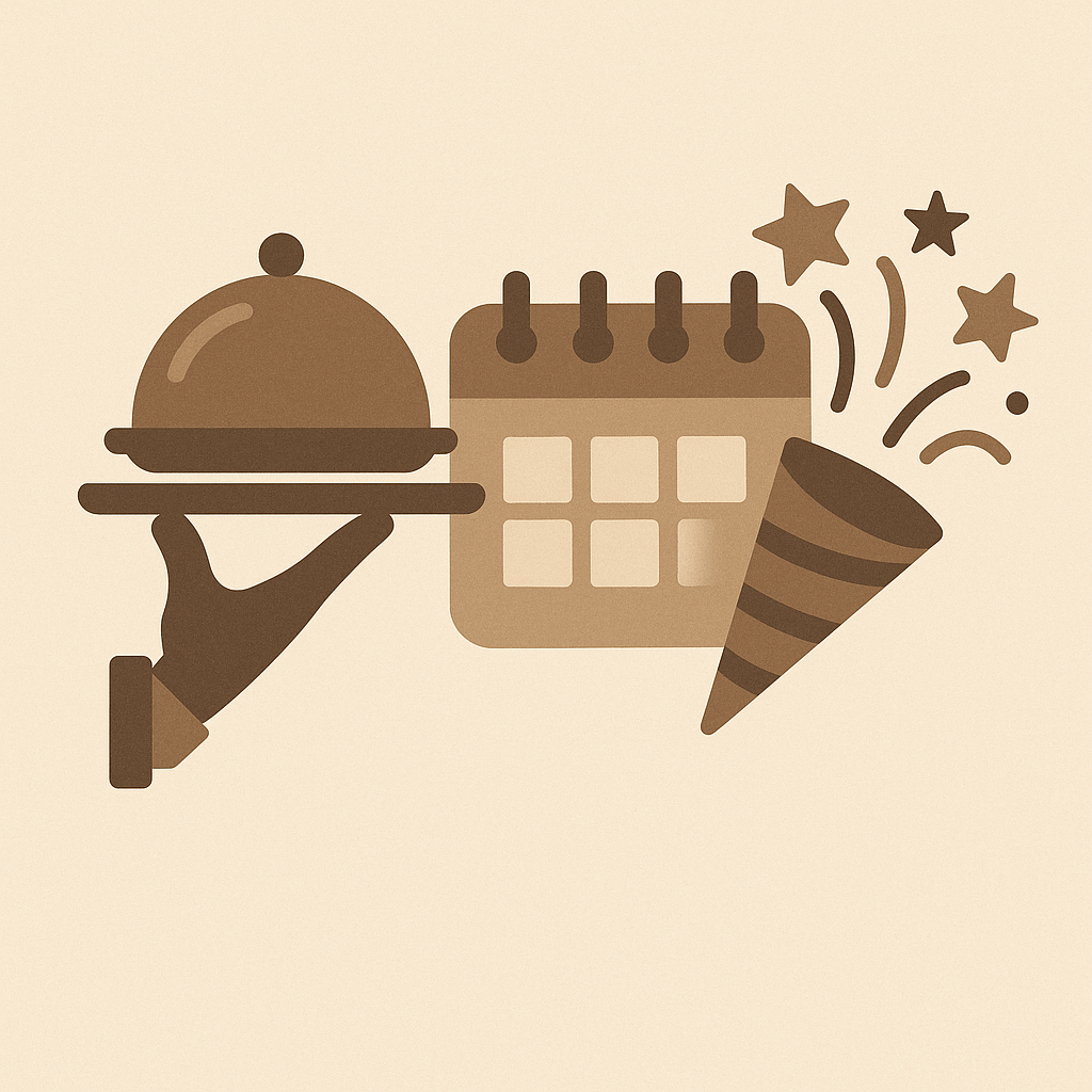 Event transportation service with catering, calendar, and celebration icons